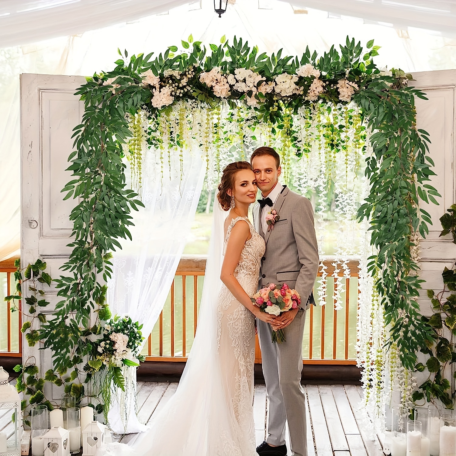 Outdoor, Tropical Wedding Reception Table With Hanging Greenery