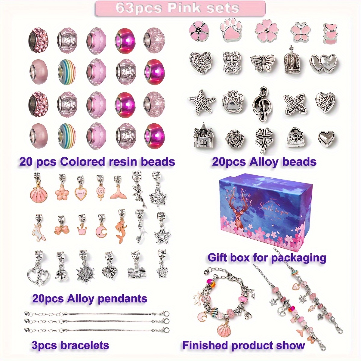 112 PCS DIY Charm Bracelet Necklaces Jewelry Making Kit with Pink