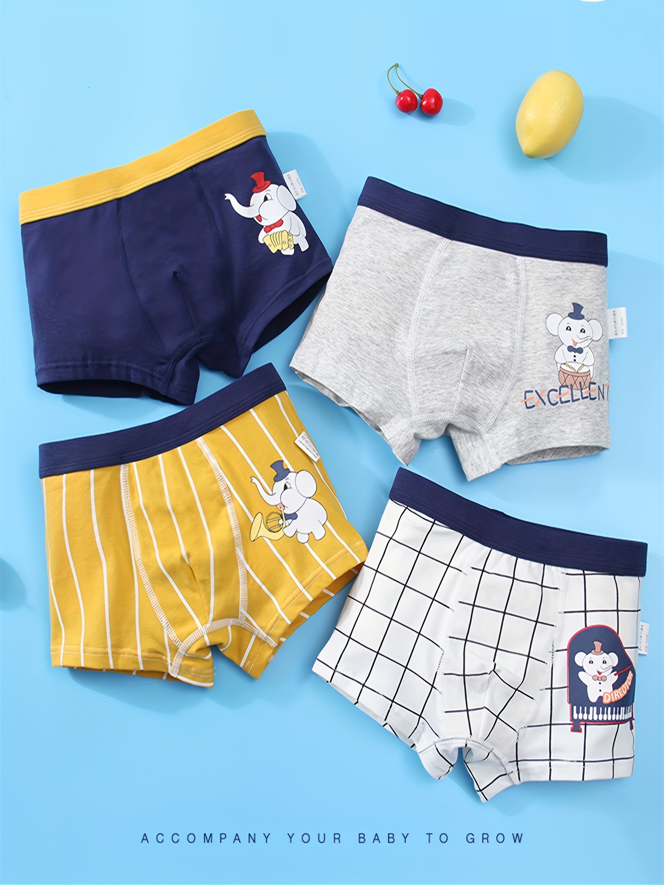 4pcs Boy's Cotton Boxer Briefs, Cartoon Elephant Print Elastic Waist  Shorts, Comfy Breathable Soft Underwear, Kids Clothes