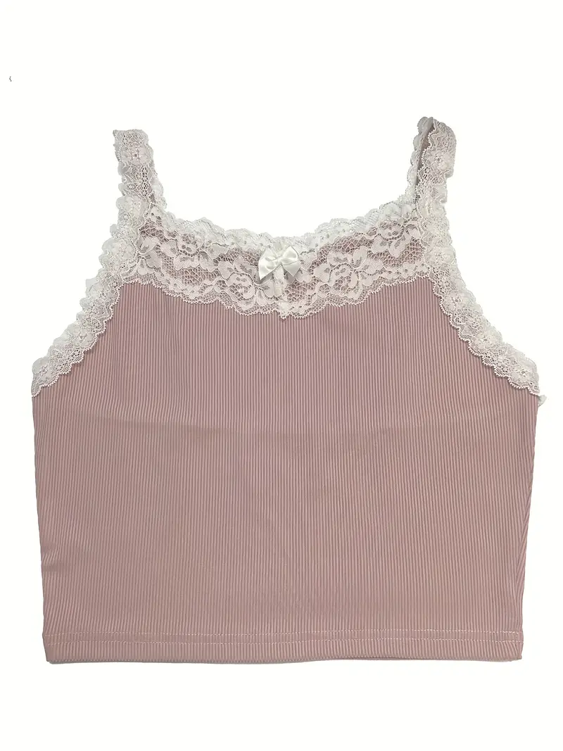 Solid Lace Trim Cami Top Casual Bow Tie Slim Sleeveless Top - Temu