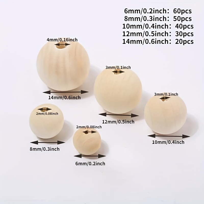 TEMU Juego De 200 Cuentas De Madera Natural De - Tamaños Surtidos De 6mm-14mm Con Hilo De 1m Para Hacer Joyería DIY