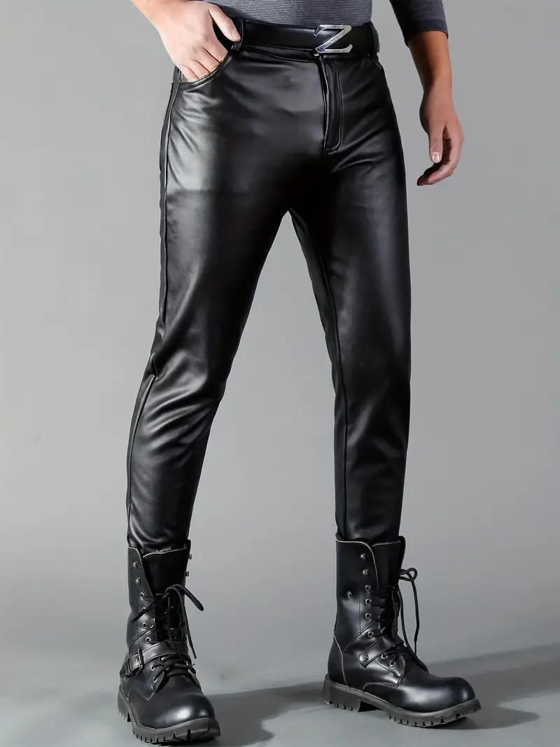 Men's Chic PU Pants, Casual Slim Fit Medium Stretch Faux Leather Biker  Pants For Spring Fall