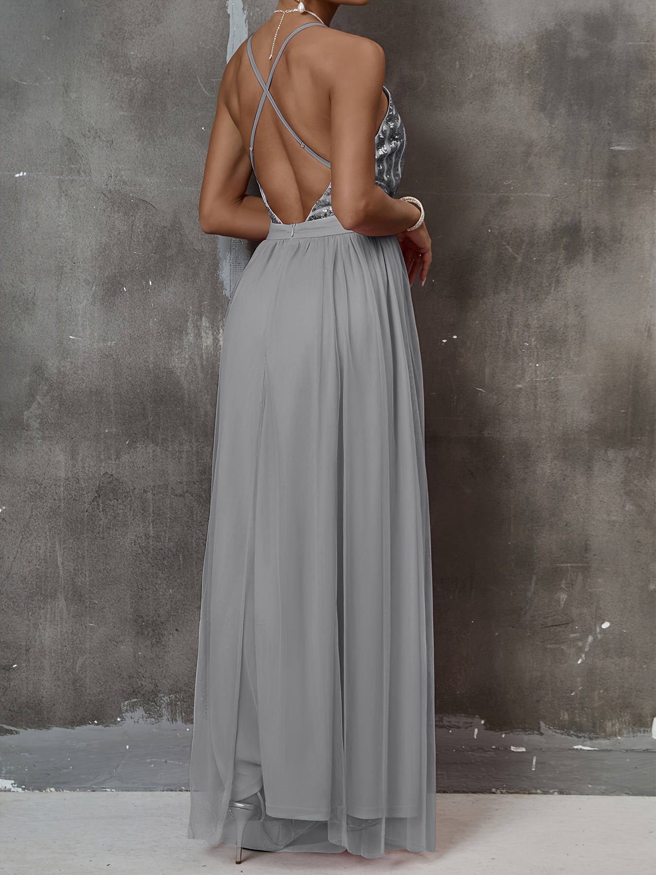 Pleated Contrast Sequin Dress Sexy Plunging Backless Dress - Temu