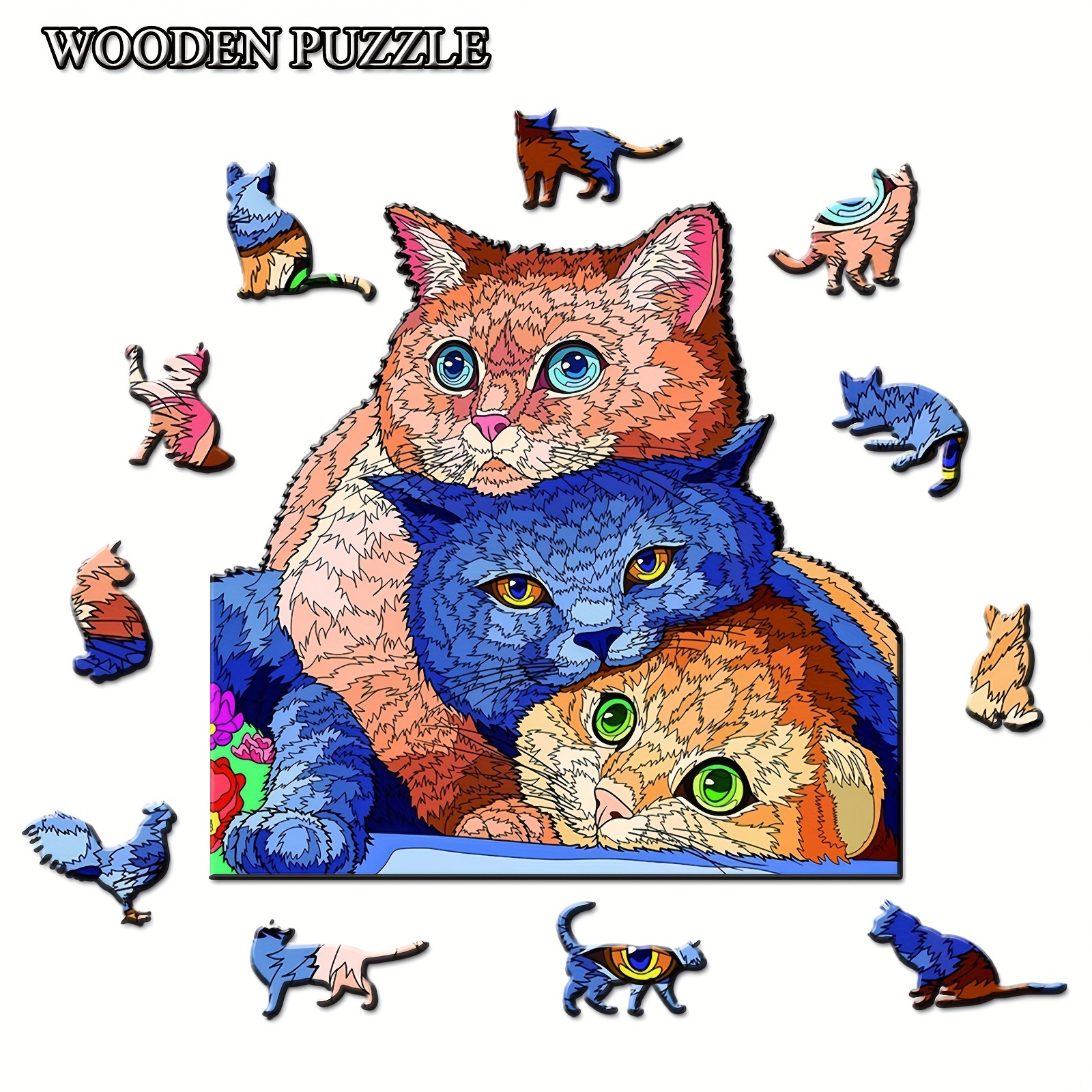 Wooden Jigsaw Puzzle Animal Shaped Three Cats