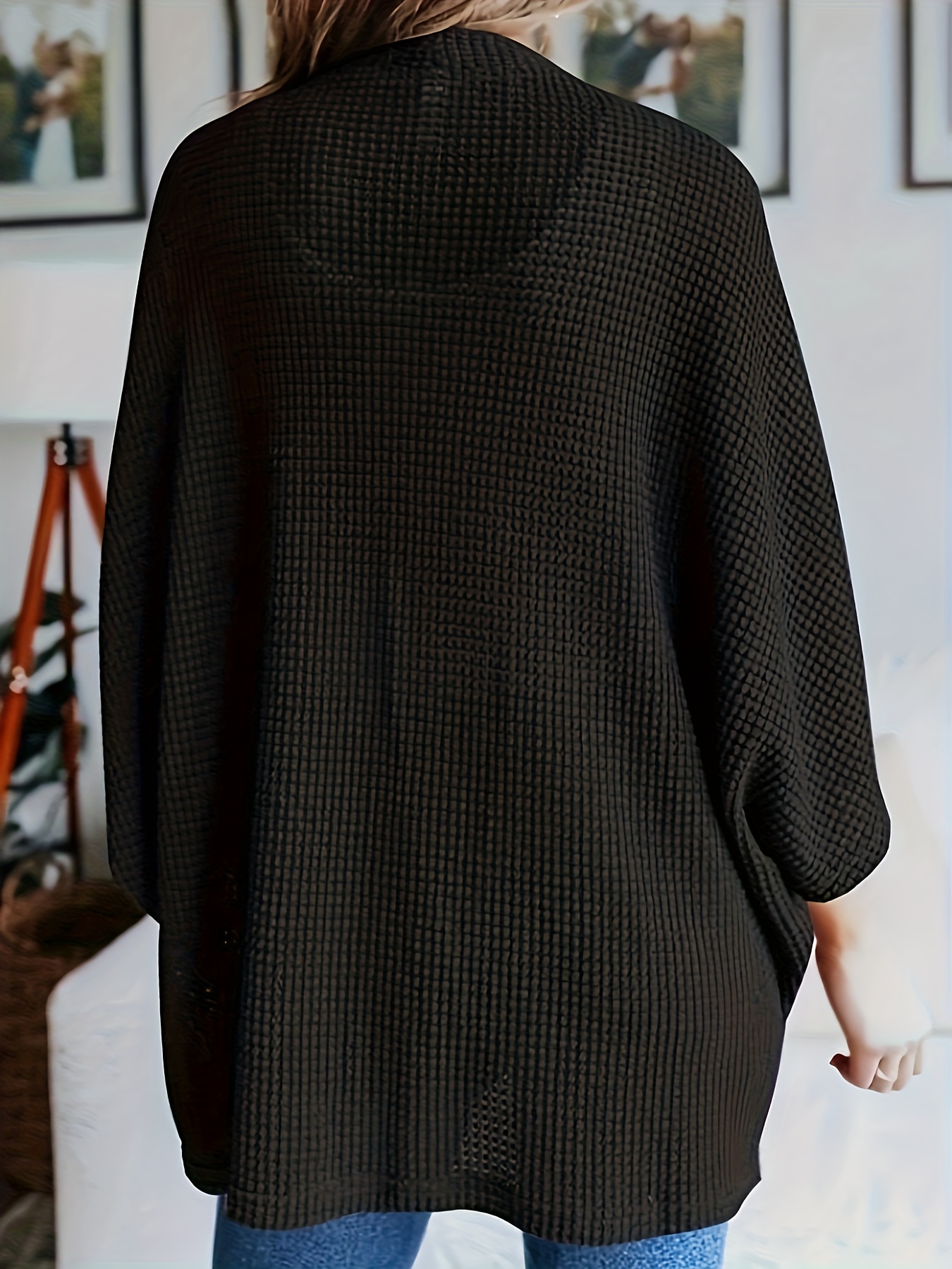 Casual Cardigan Women's Plus Solid Waffle Knit Open Front Cardigan