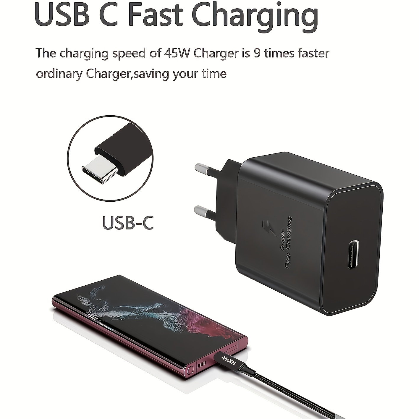 Chargeur Rapide USB C 45W avec 2M Câble pour Samsung Galaxy S23