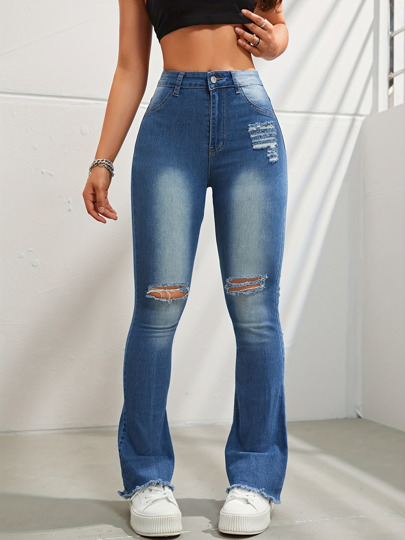 CuteCherry Bell Bottom Jeans for Women Ripped Distressed Flare
