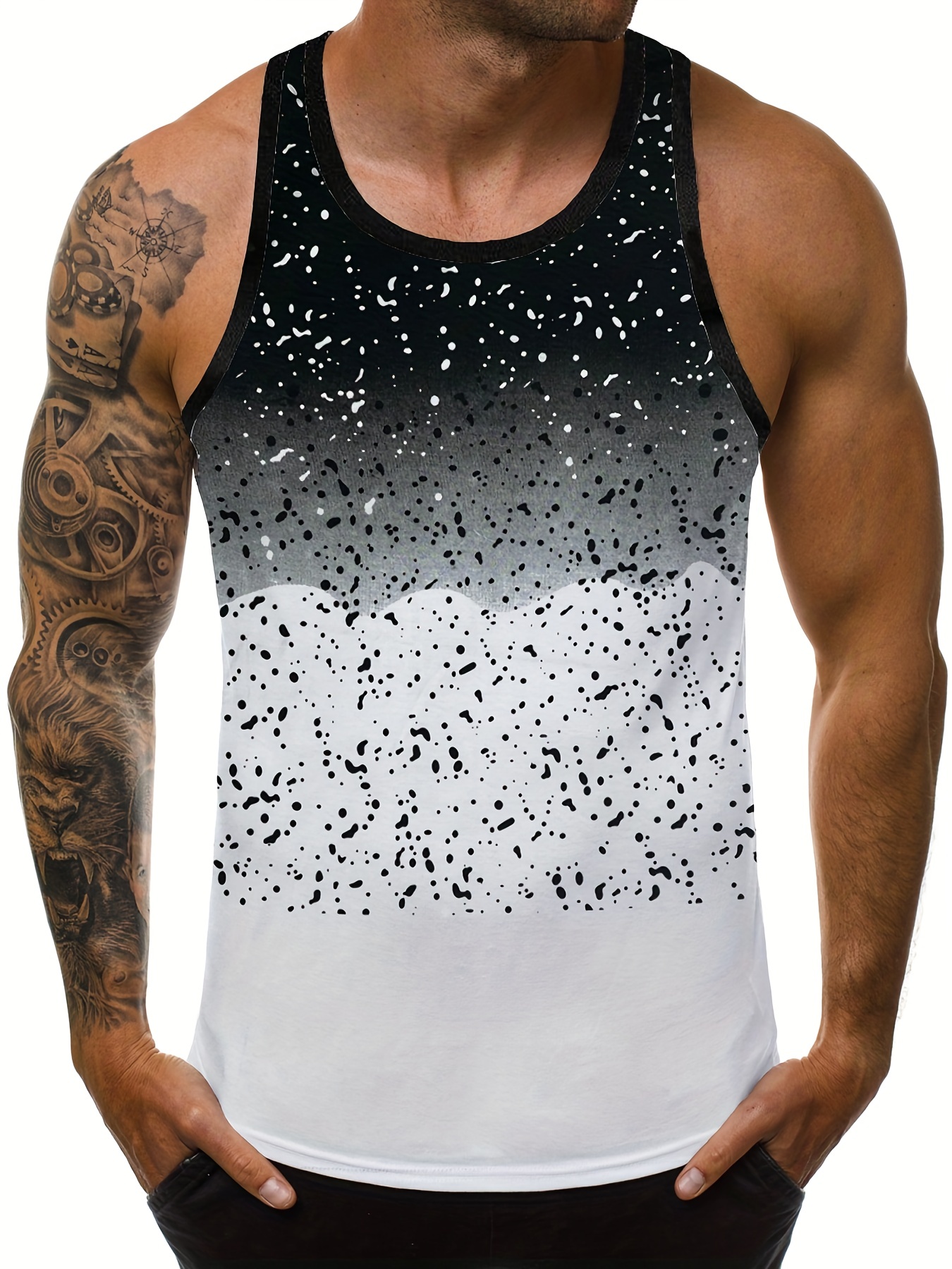 stylish pattern print mens crew neck casual tank top mens clothing for summer ivory white 0