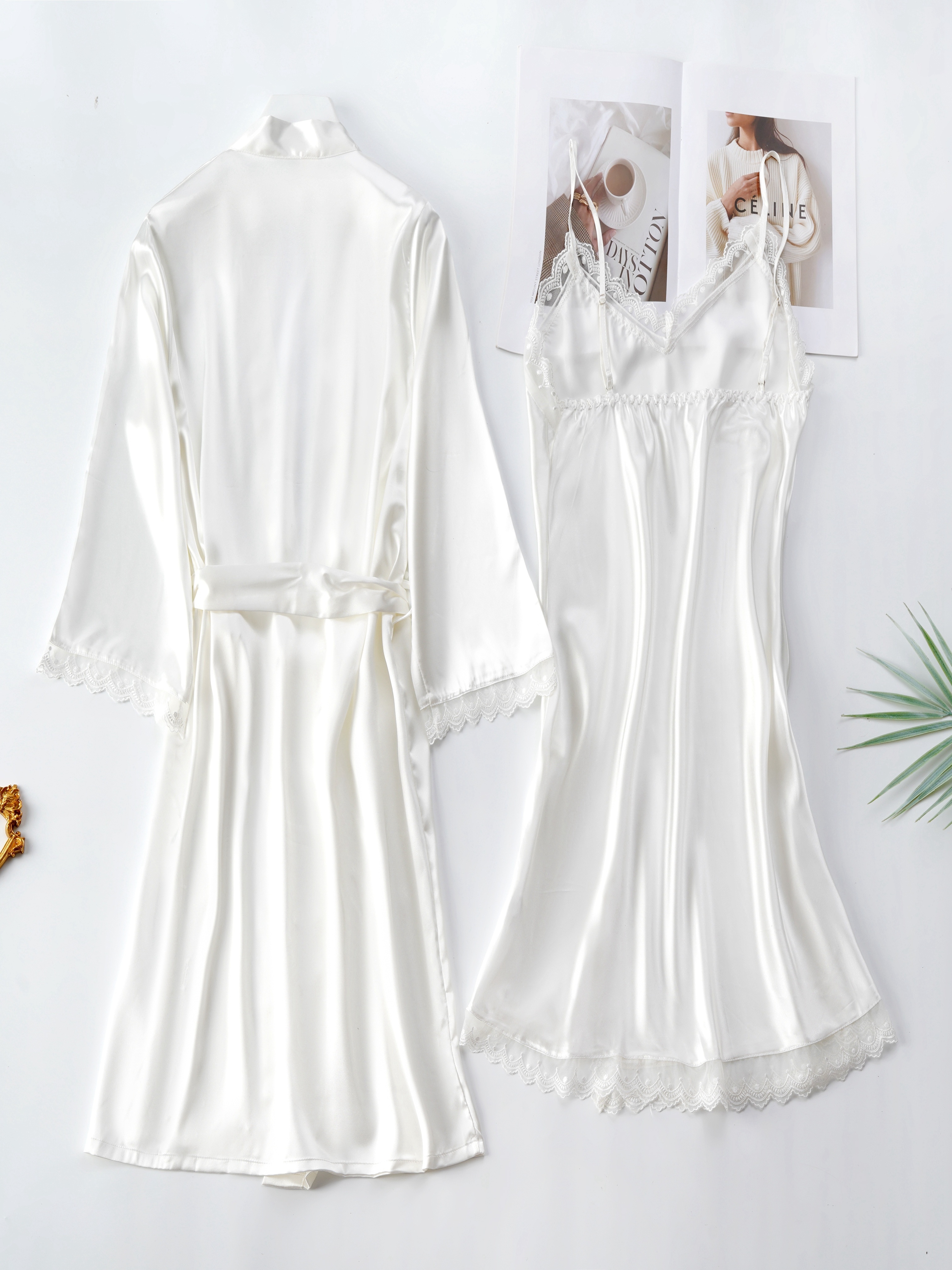 Lace Trim Satin Pajama Set Long Sleeve Robe Belt V Neck Slip - Temu