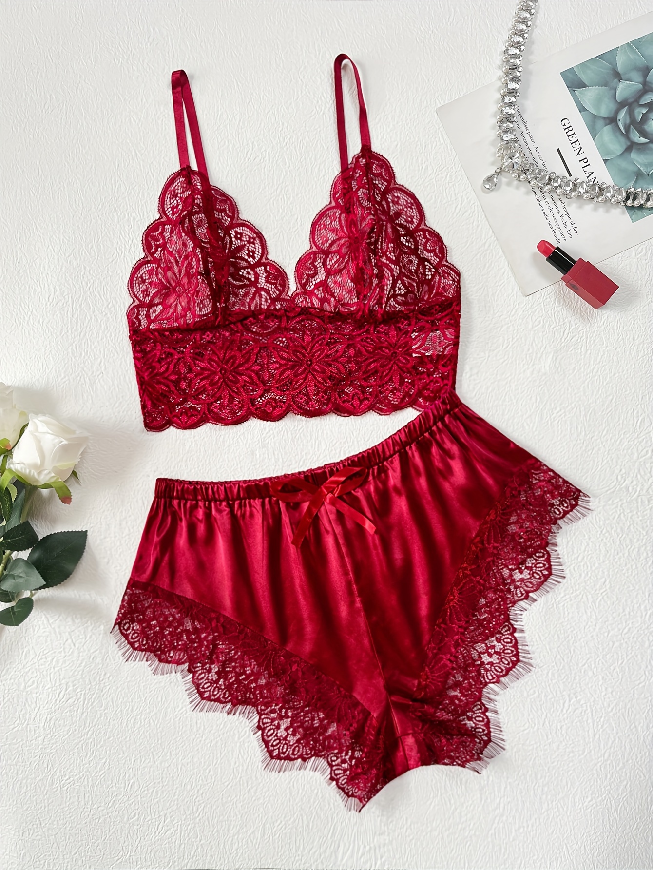 Floral Lace Satin Lingerie Set Hollow Cami Top Shorts - Temu Germany