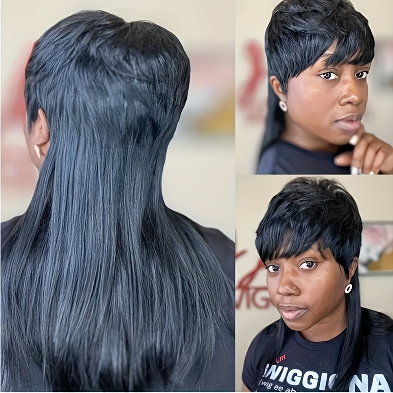 Long Mullet Wig Pixie Cut Wigs Bangs Women Natural Black Temu