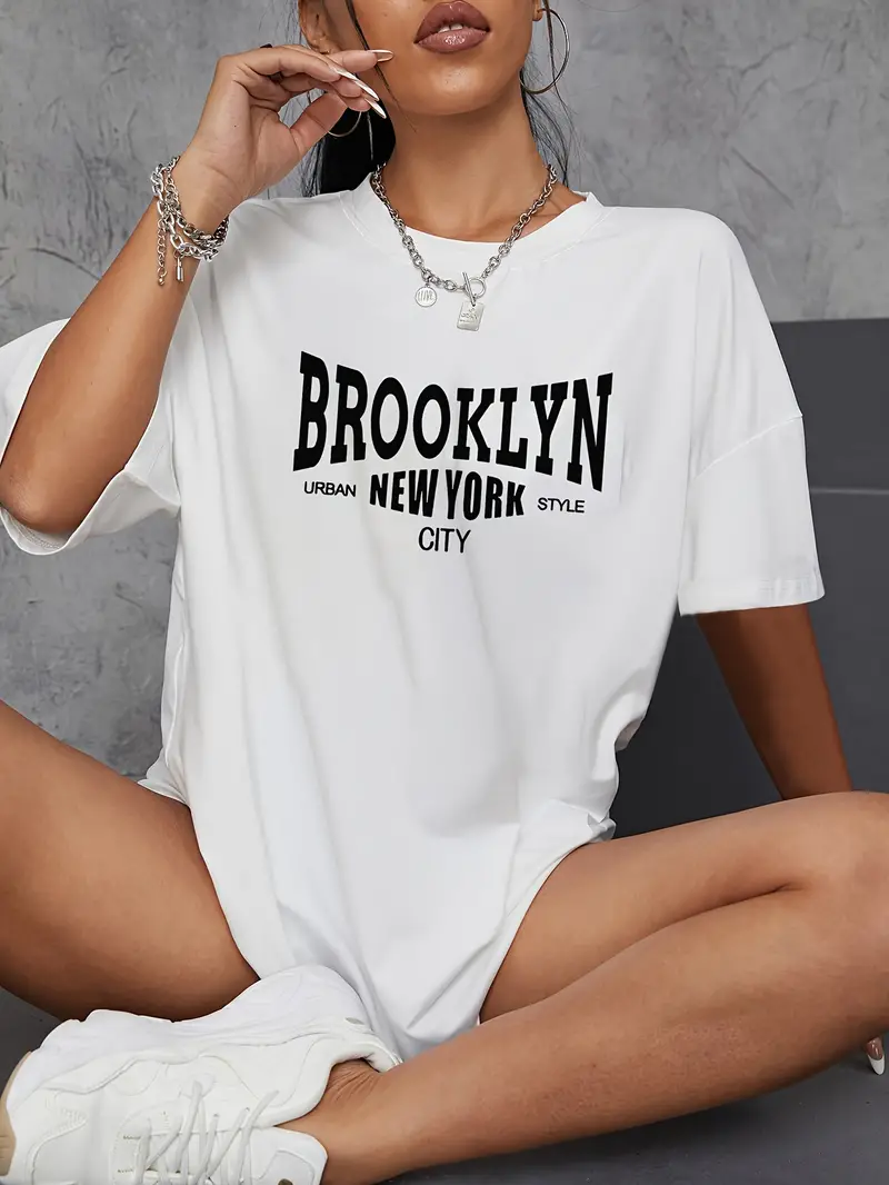 T-Shirt Imprimé Brooklyn New York, T-Shirt À Manches Courtes À Col Rond,  Hauts De Sport Décontractés, Vêtements Pour Femmes - Temu France