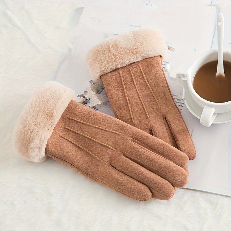 Simple Plush Cuff Suede Gloves Solid Color Plus Velvet - Temu