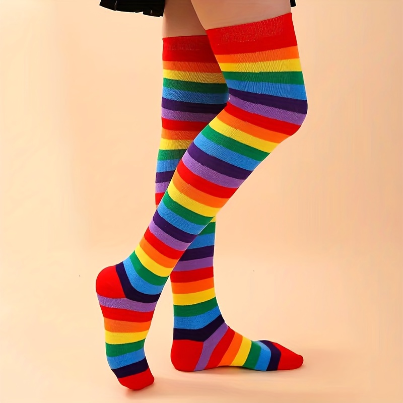 Rainbow Striped Thigh High Socks Music Festival Cosplay - Temu