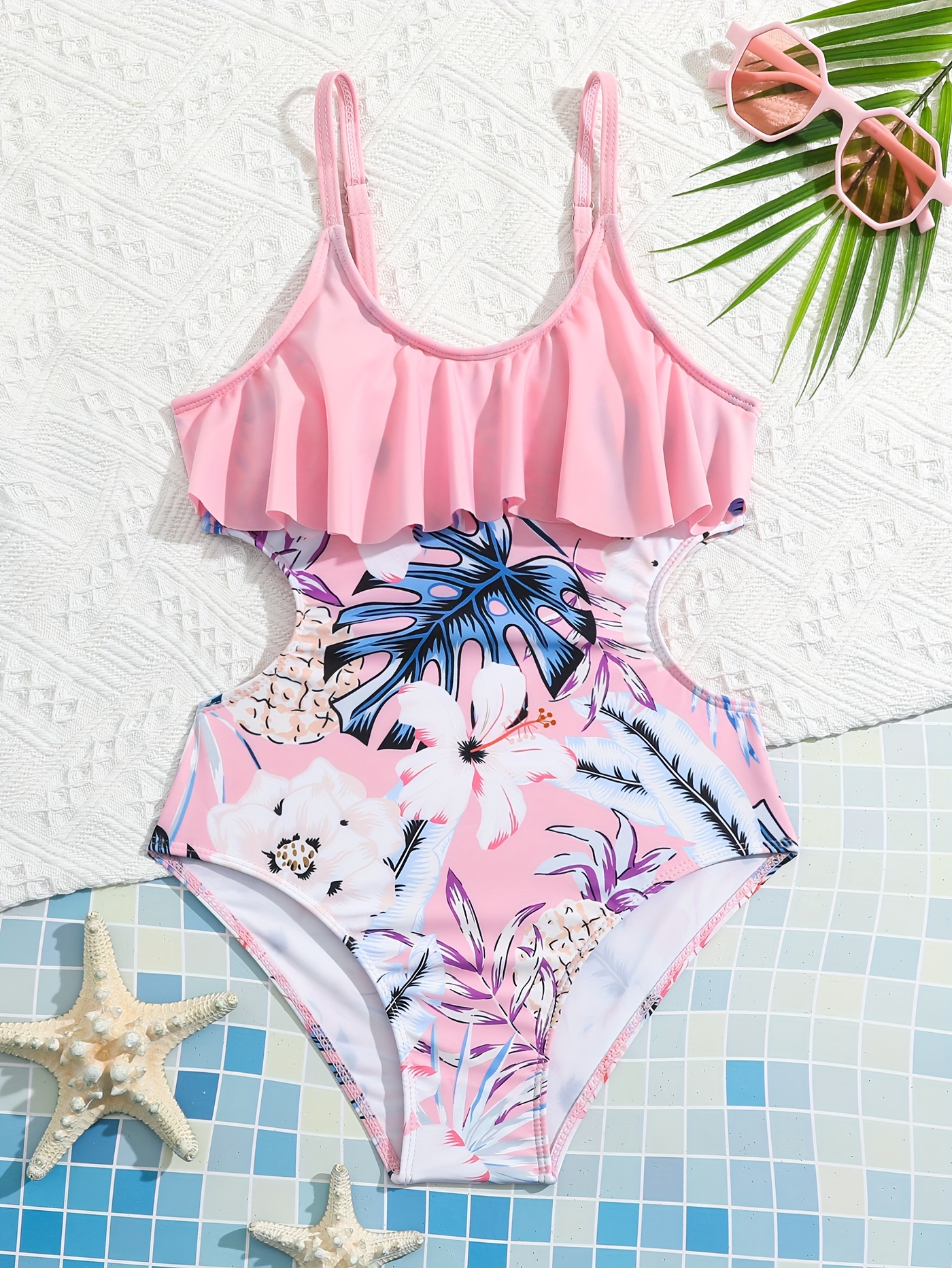 Swimwear Sweet Girls Flower Graphic Ruffle Trim Bathing Suit - Temu ...