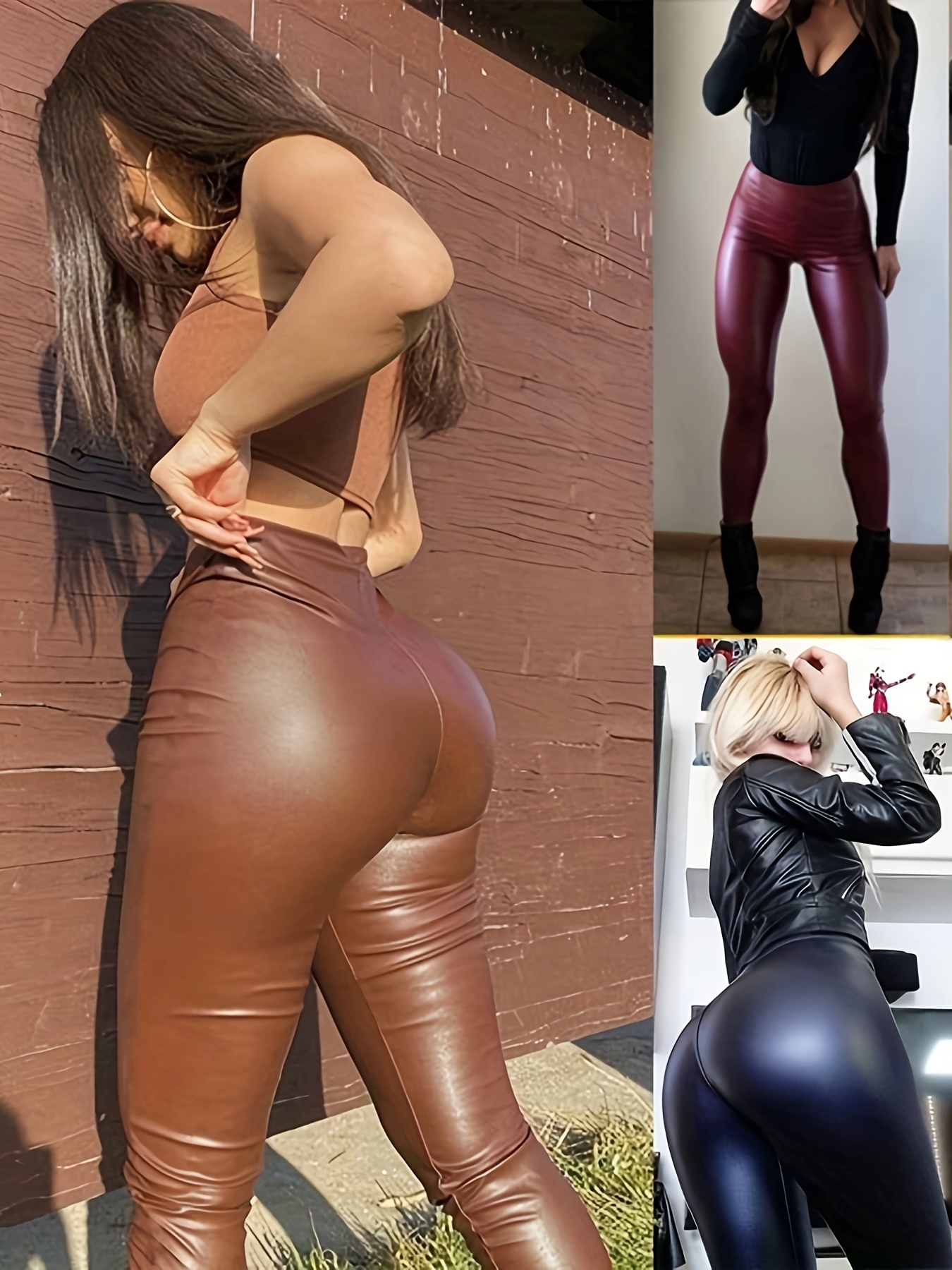 Faux Leather High Waist Sports Leggings High Stretch Workout - Temu