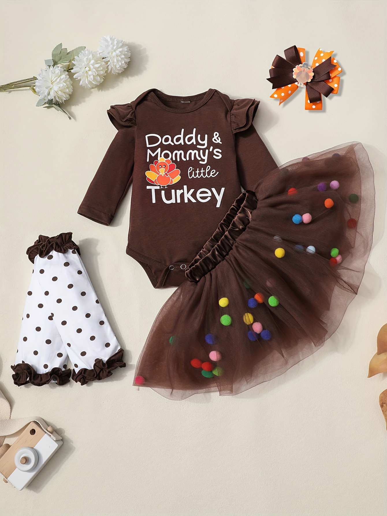 My First Thanksgiving Baby Girl Outfit, Toddler Baby Girls Long Sleeve  Ruffle Turkey Print Romper Tutu Dress Leg Warmers Headband 4Pcs Set