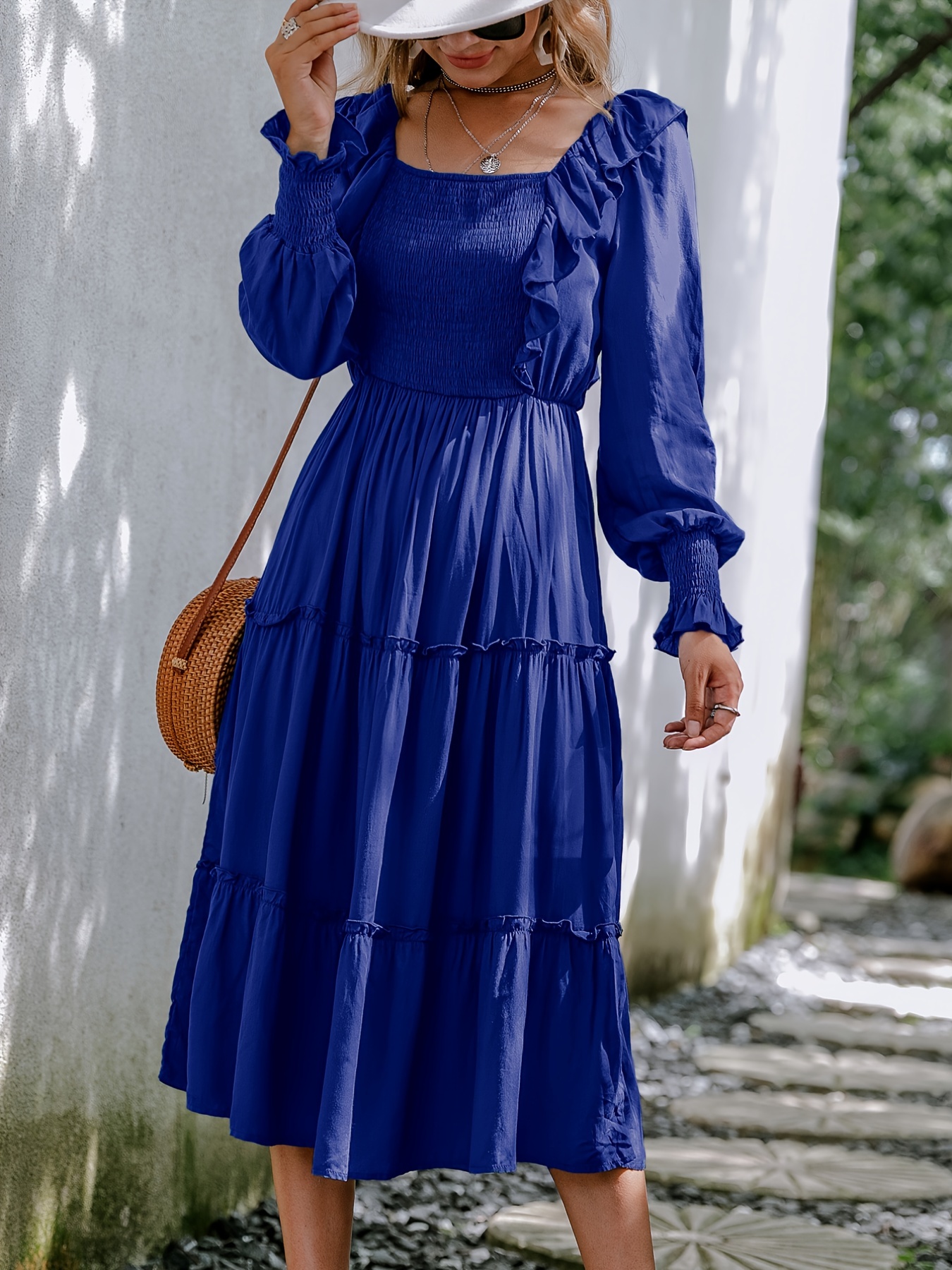 Women's Fall Long Sleeve Midi Dress Elegant Ruffle A-Line Long Dress