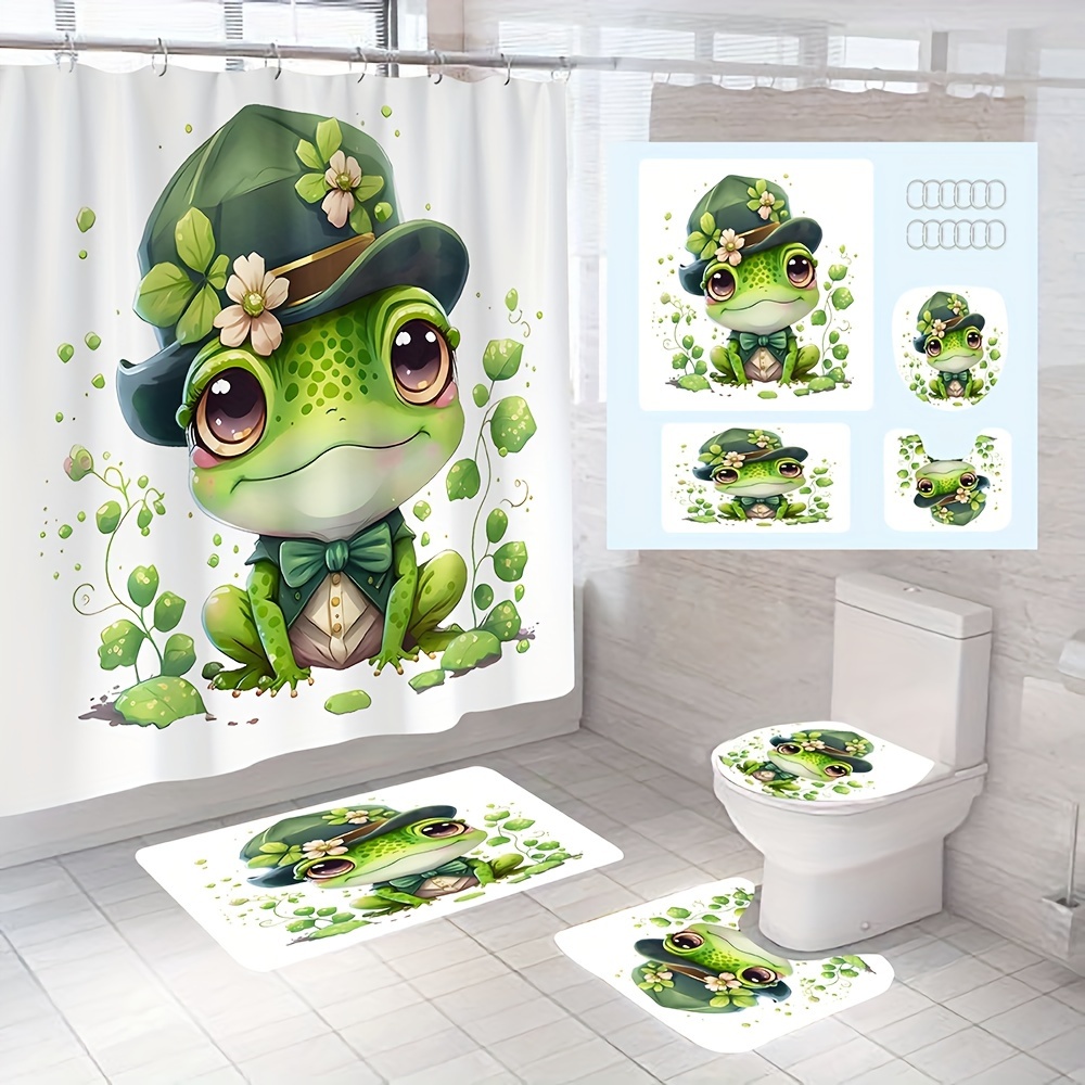 Shower Curtain Set Funny Green Frog Pattern Waterproof - Temu