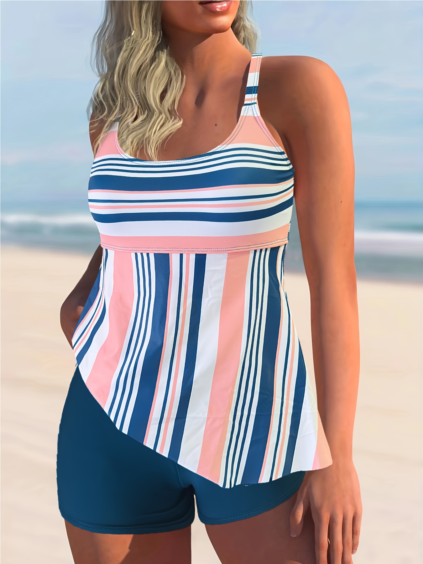 Striped Print Ring Adjustable Strap Tankini High Stretch - Temu