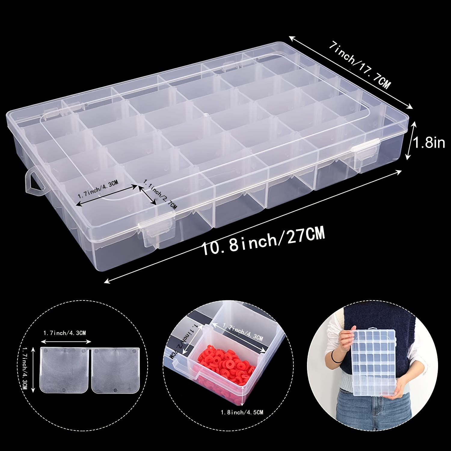 Outuxed 36 Grids Clear Plastic Organizer Box with Adjustable Compartment Dividers, Jewlery Storage Bead Organizer Rock Collection Box for Fishing