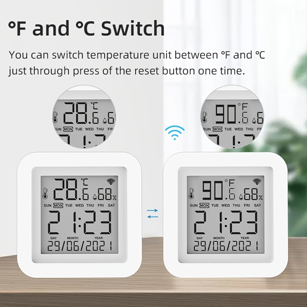 Termómetro higrómetro inteligente, sensor inalámbrico de temperatura y  humedad WiFi, detector de temperatura y humedad con reloj de tiempo y  pantalla