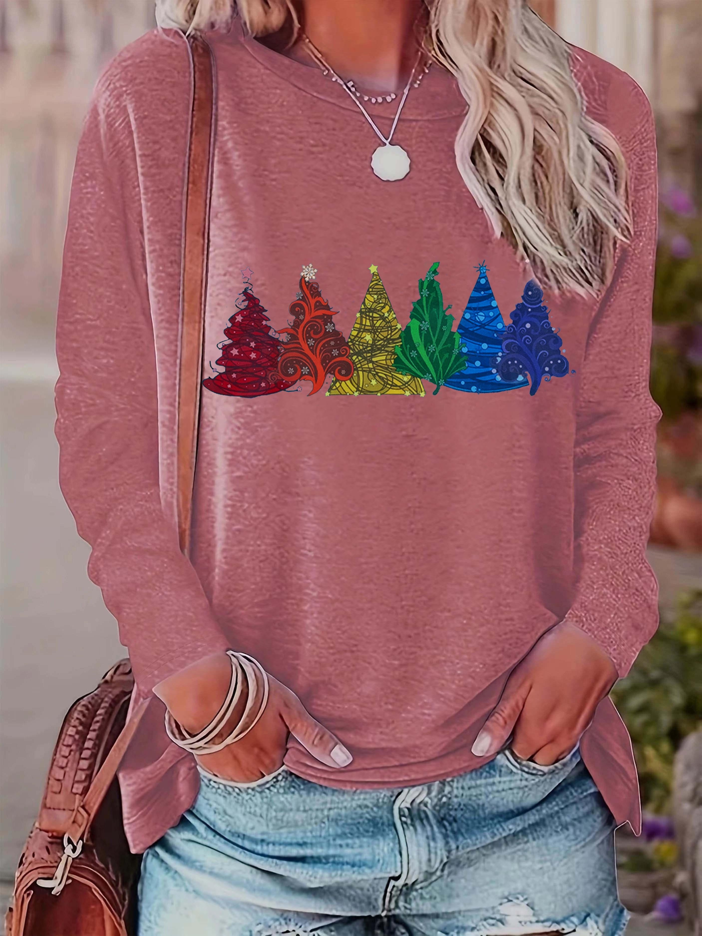 christmas tree print crew neck t shirt casual long sleeve t shirt for spring fall womens clothing red 0