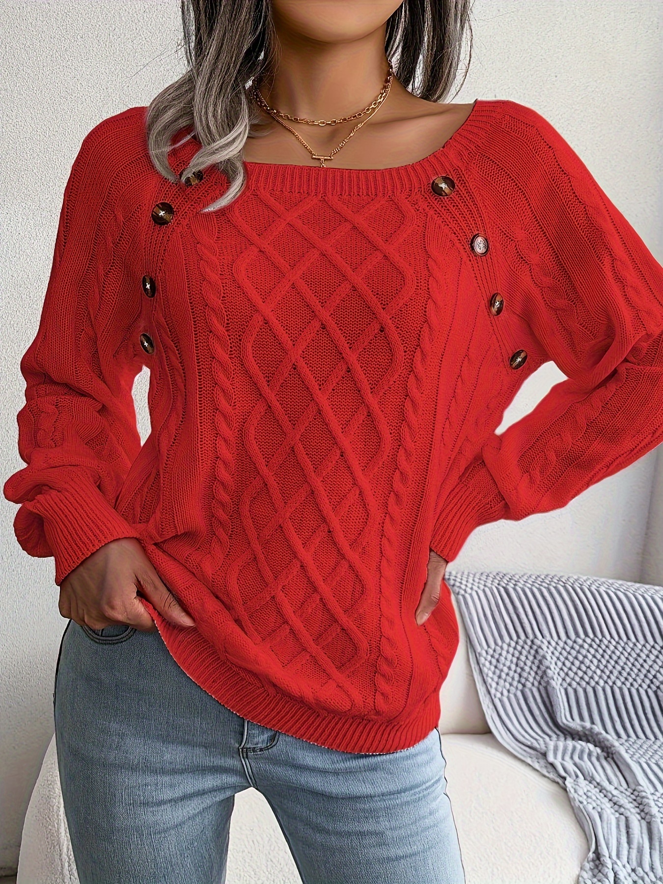 Solid Cable Knit Sweater Casual Crew Neck Long Sleeve - Temu