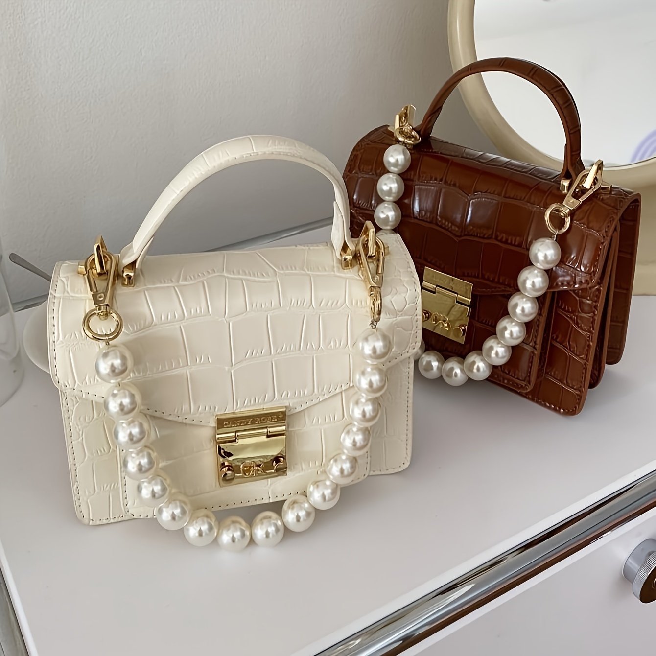 Bolso de hombro para mujer, cadena de metal con perlas artificiales, correa  de cadena, cinturón cruzado, accesorios de repuesto para bolsos