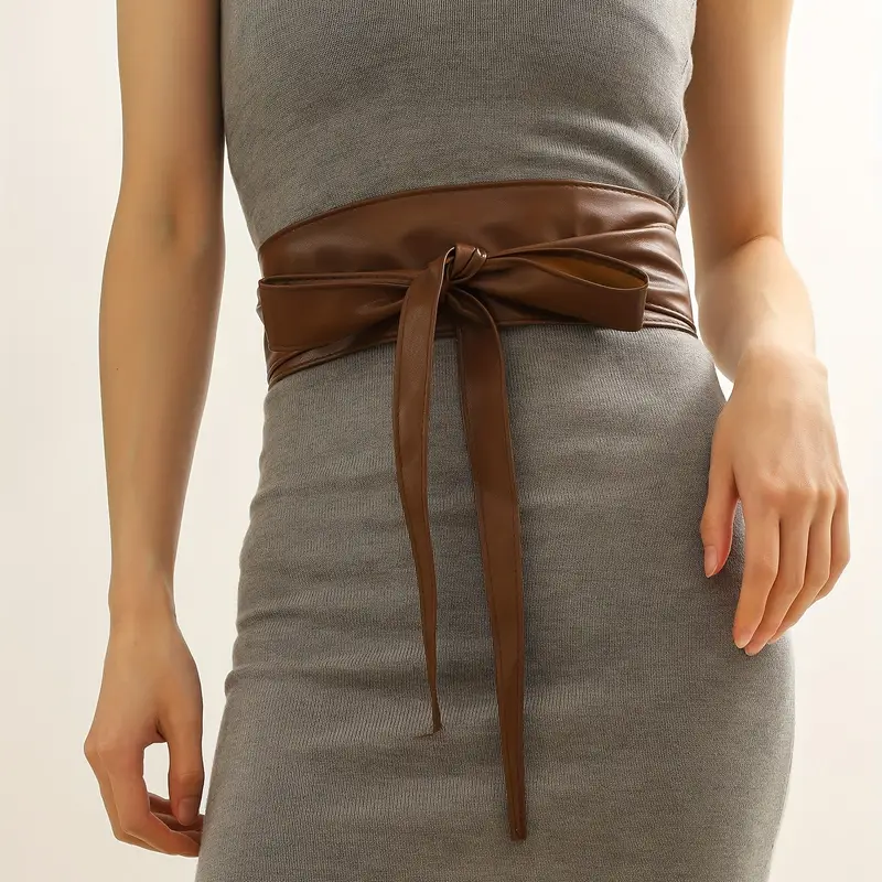 Brown Bowknot Corset Belts Vintage PU Leather Belt Boho Obi Wrap Belts  Women Dress Coat Girdle