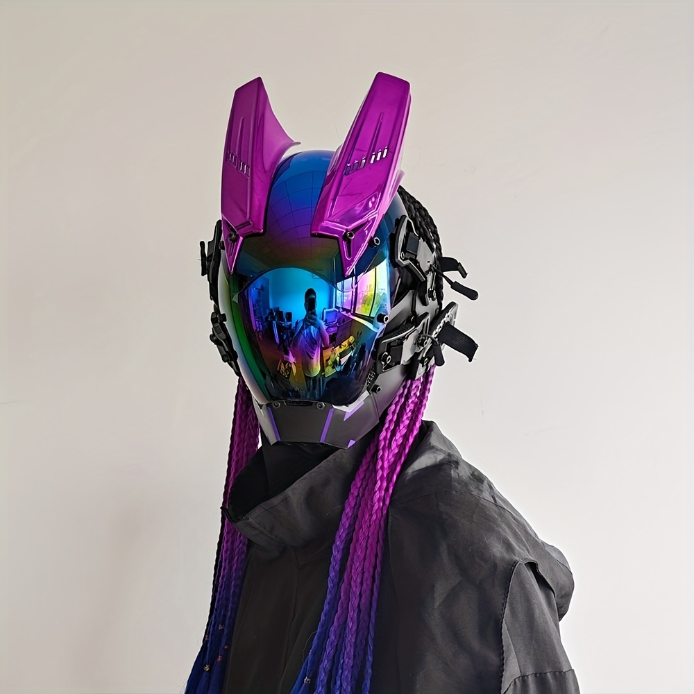 Fashion Cyberpunk Mask for Men, Trendy Cool LED Light Luminous Cosplay Mask with Braid, Futurist Science Fiction Mechanical Mask, Halloween Music