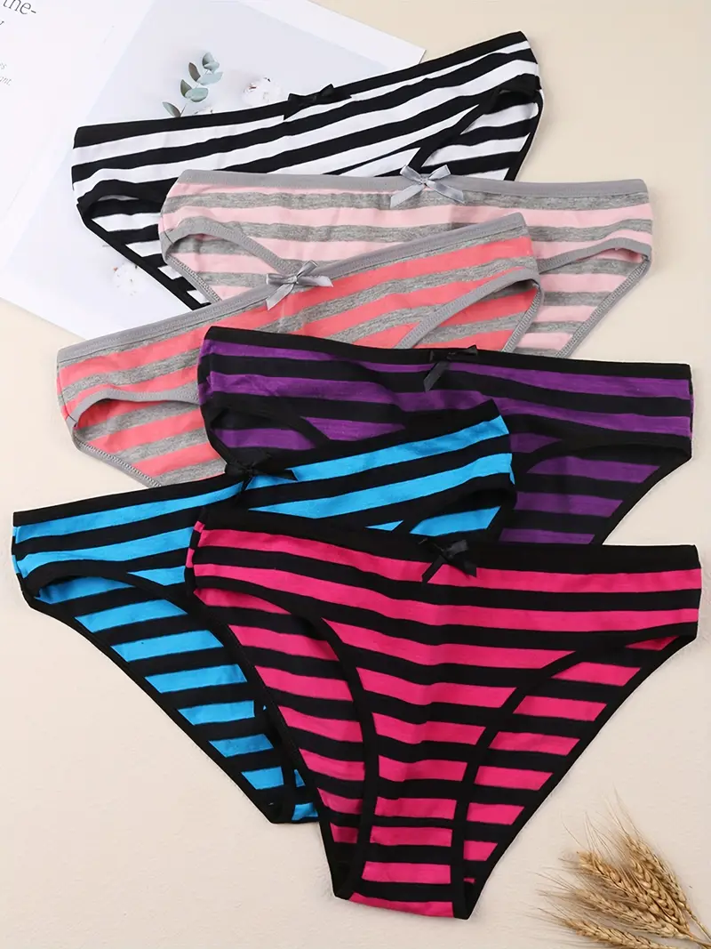 6pcs Striped Bow Tie Briefs, Comfy & Breathable Stretchy Intimates Panties,  Women's Lingerie & Underwear