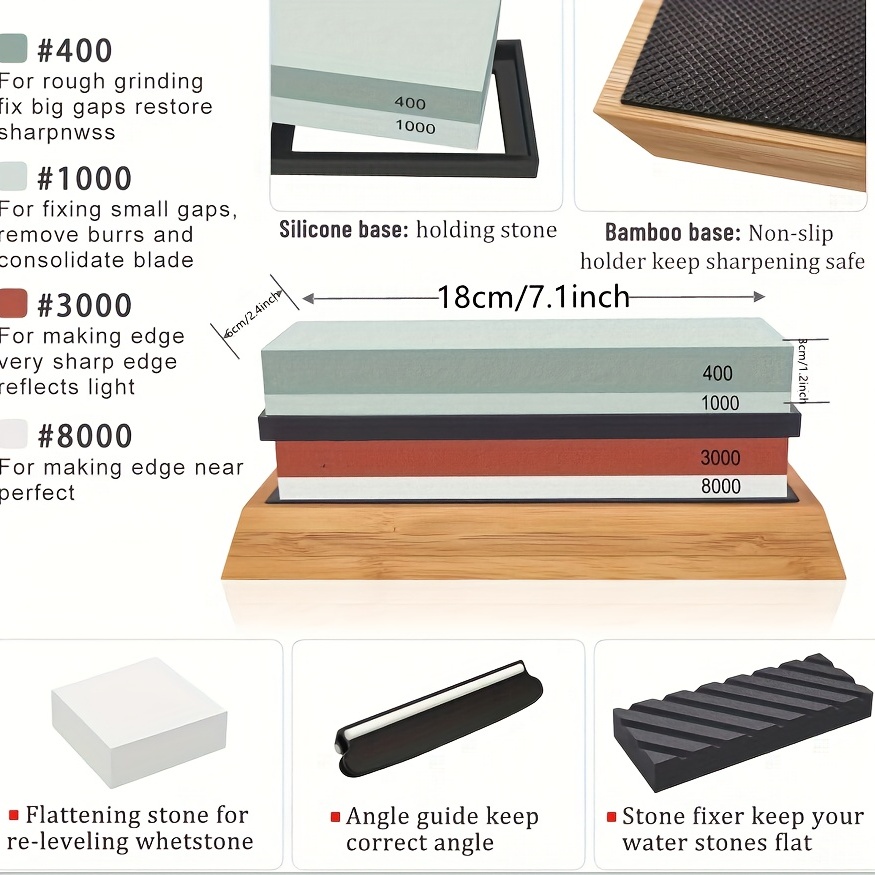 Set Of 6 Sharpening Stone Whetstone Knife Sharpener, 400/1000 And 3000/8000  Grit Knife Sharpening Kit Wet Stone With Flattening Stone, Angle Guide, No