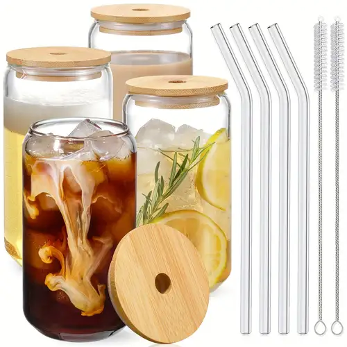 Glass Cups, Wide Mouth Mason Jar Drinking Glasses With Bamboo Lids & Straws,  Square Color Handle Cup, Beer Glasses, Iced Coffee Glasses, Ideal For  Cocktail, Whiskey, Gift - Temu