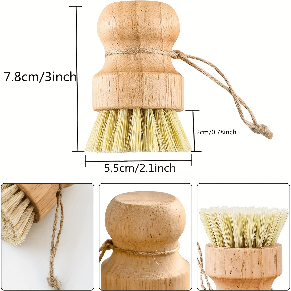 2pcs Wooden Pot Brush - Round Mini Dish Brush Natural Scrub Brush Durable Scrubber  Cleaning Kit for Cleaning Pots, Pans and Vegetables