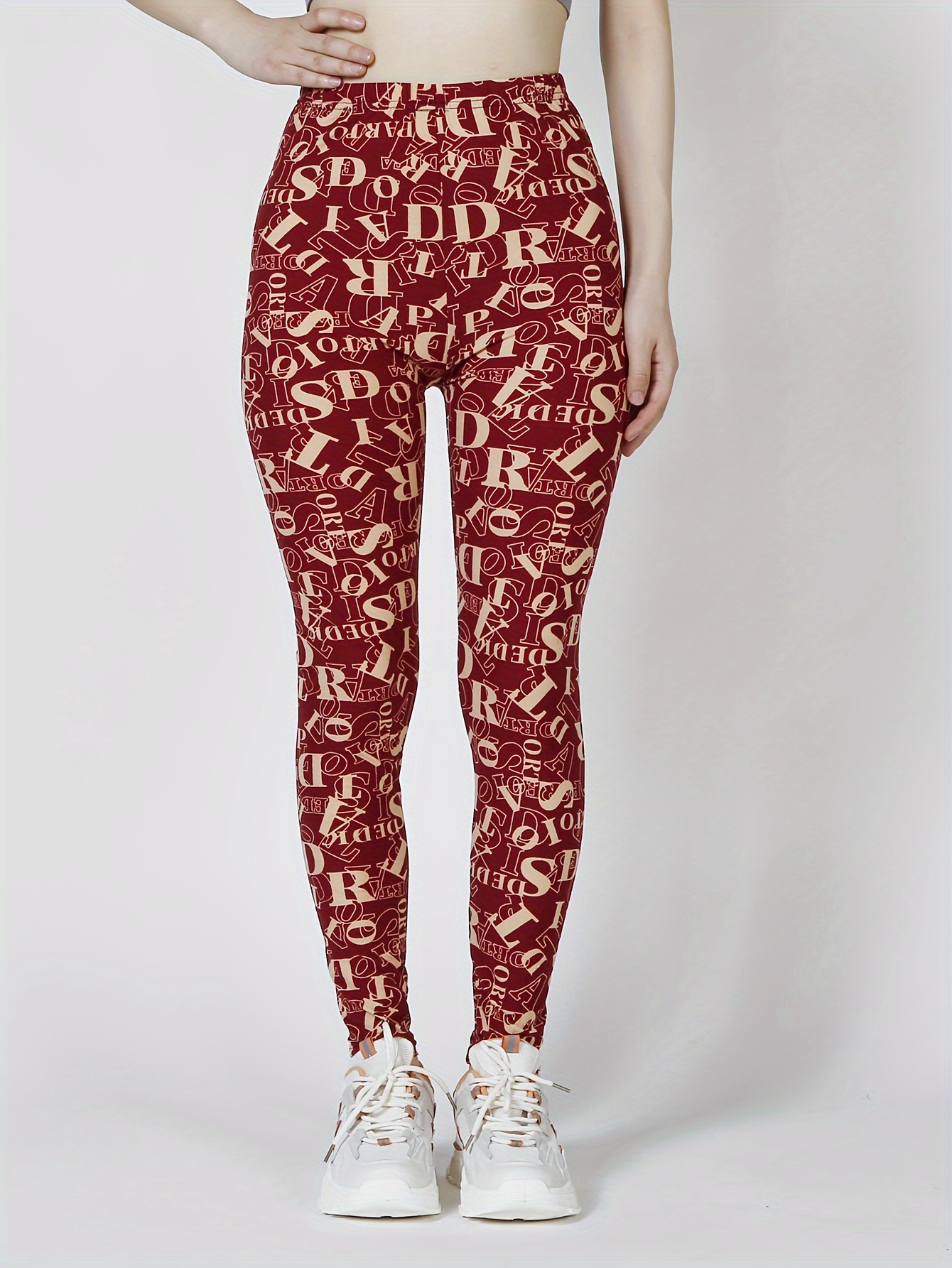 Letter Print Skinny Leggings Casual Elastic Waist Stretchy - Temu Canada