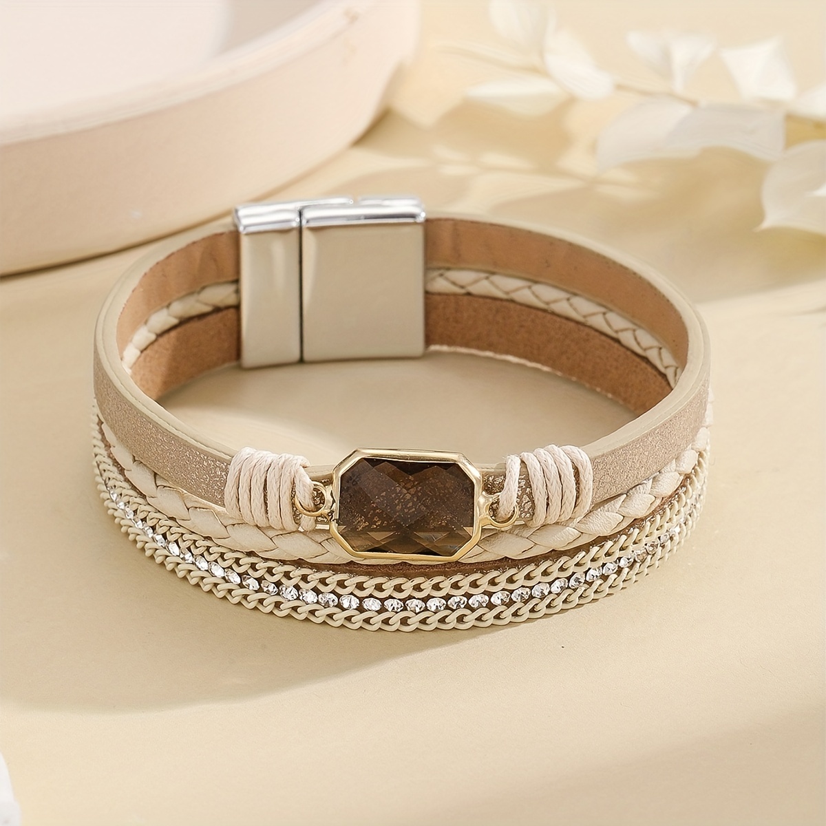 

1pc Simple New Multi-color Multi-layer Pu Leather Magnet Buckle Bracelet For Men