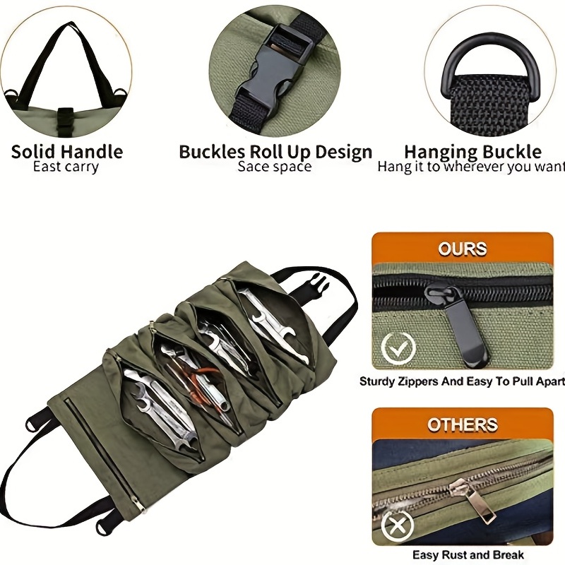 1pc Tool Roll Multi Purpose Roll Up Tool Bag Wrench Roll Car First Aid Kit  Wrap Roll Storage Case Hanging Tool Zipper Carrier Tote Car Camping Gear