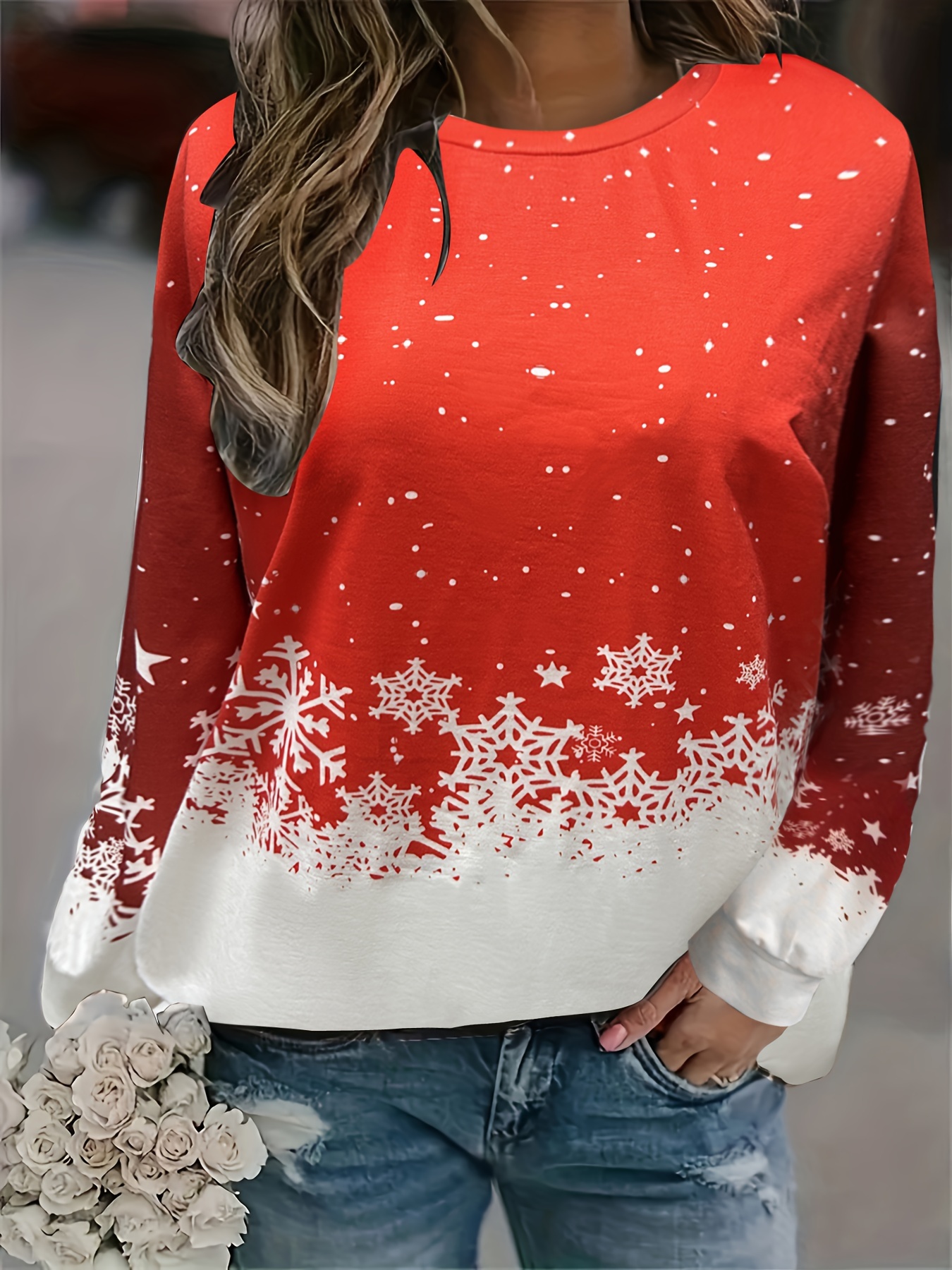 Plus Size Christmas Top, Women's Plus Snowman & Snowflake Print Button  Decor Ruched Long Sleeve Round Neck Slight Stretch Top