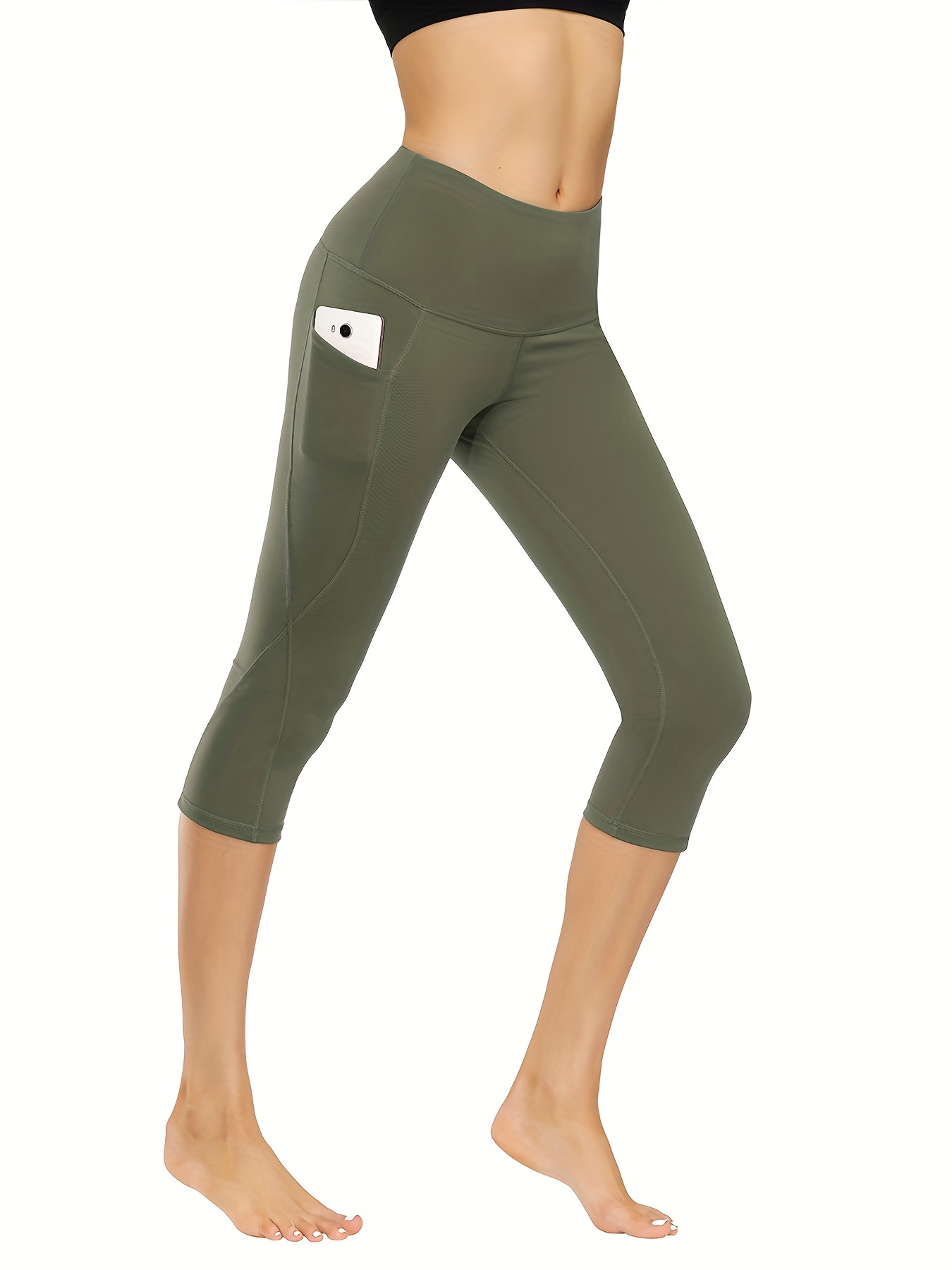 Wide Waistband Yoga Capri Pants, Stretch Tummy Control Workout Running  Capri Leggings With Pockets, Women's Activewear