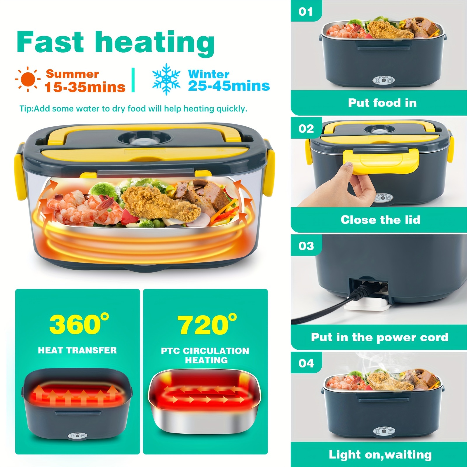 Portable Electric Lunch Box With Stainless Steel Container And Compartment  - Faster Heating For Car, Truck, And Home - Leakproof Microwave Oven -  Includes Fork And Spoon - Temu