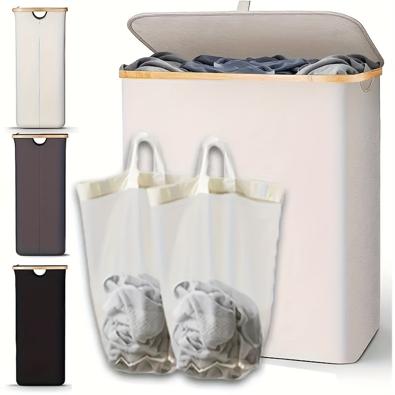 Cesta grande para la ropa sucia con tapa, cesta de ropa sucia de 100 litros  para ropa sucia con bolsa de lavandería extraíble y asas de bambú, cesta
