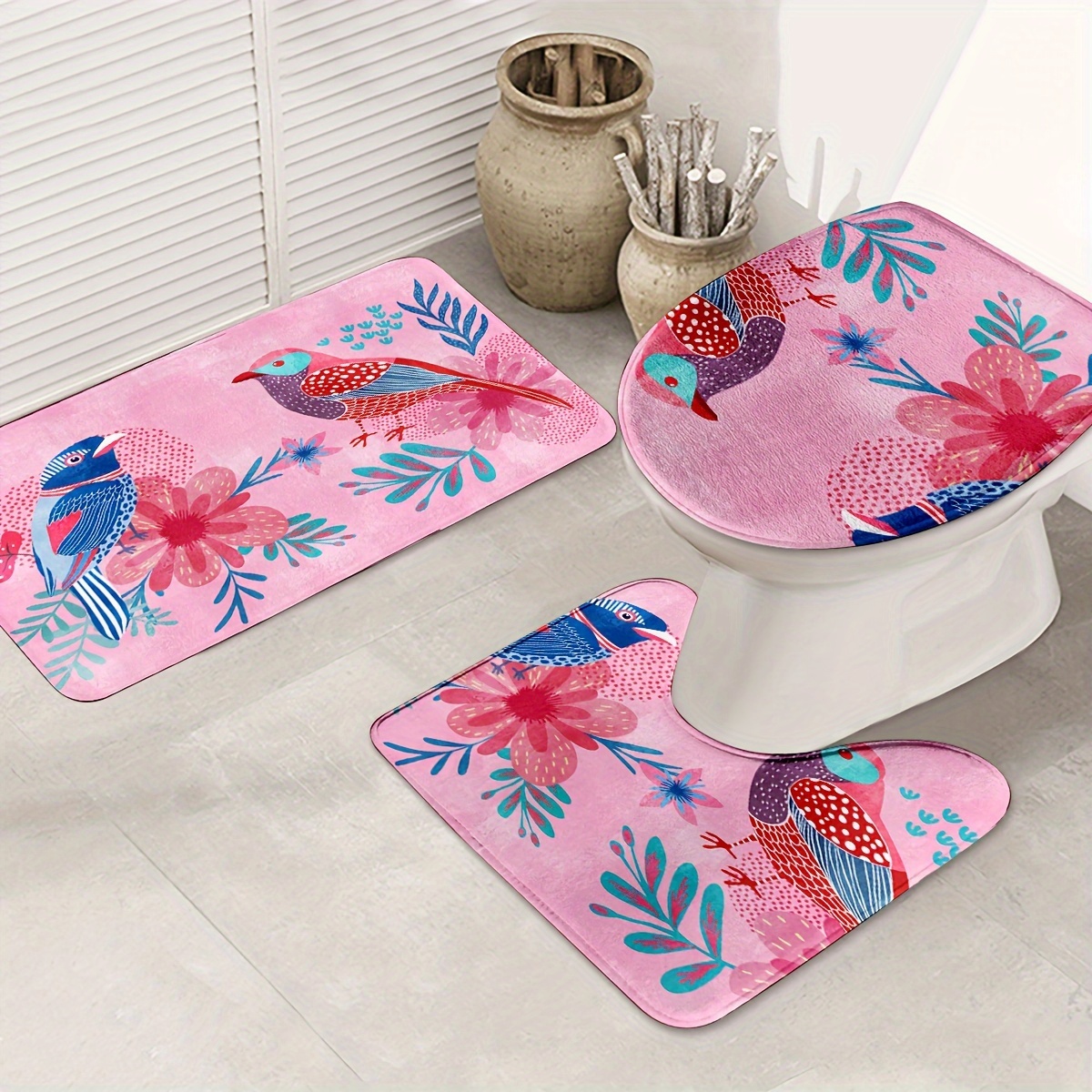 3-Piece Hummingbird Floral Bathroom Rug Set - Non-Slip Contour Mat, Toilet Lid Cover & Bath Mat For Bathroom Decor