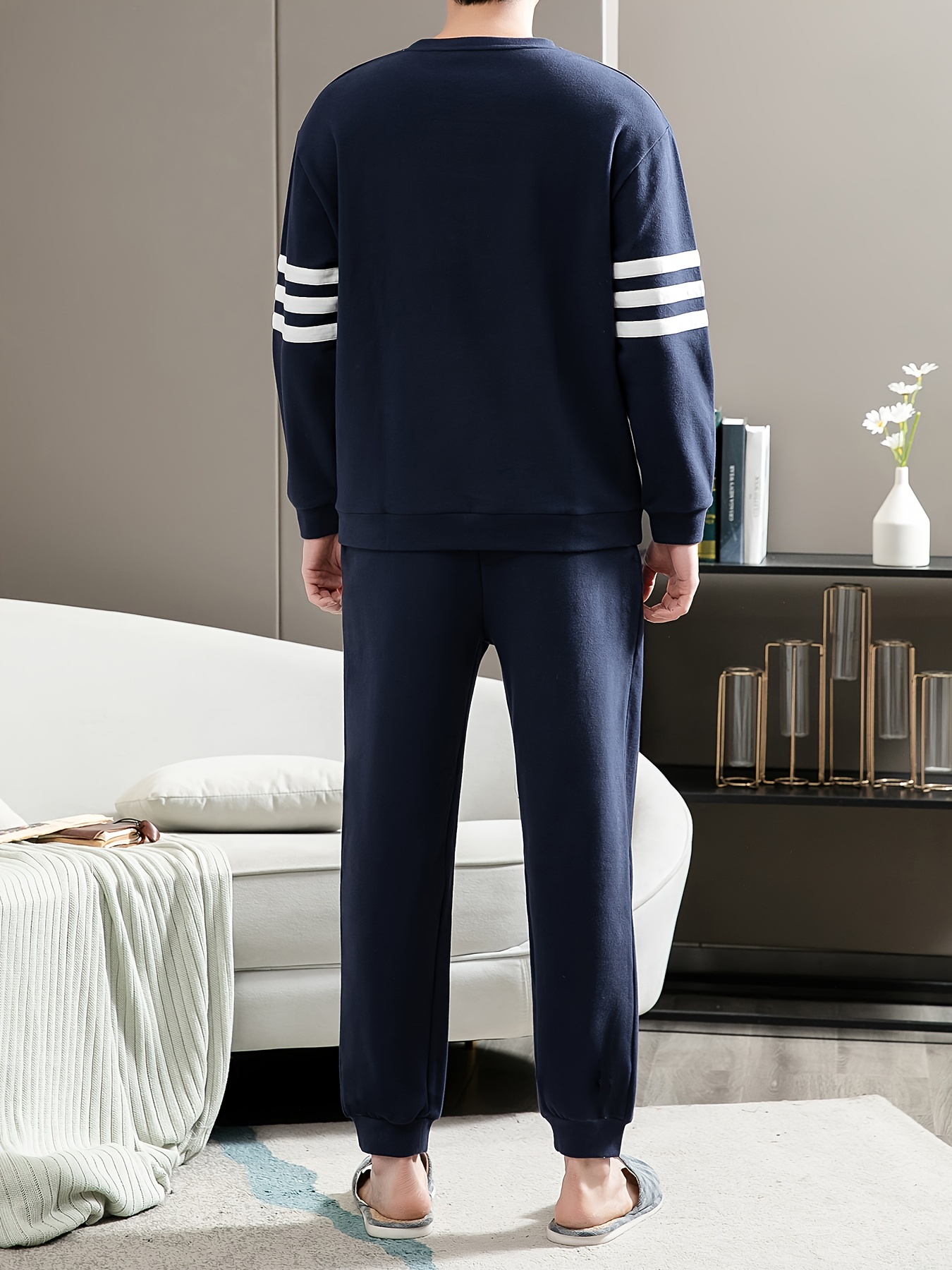 Men's Simple Style Casual Cotton Pajamas Sets, Letter Graphic Print Long Sleeve Crew Neck With Chest Pocket Top & Loose Pants Lounge Wear, Outdoor Sets For Spring Autumn