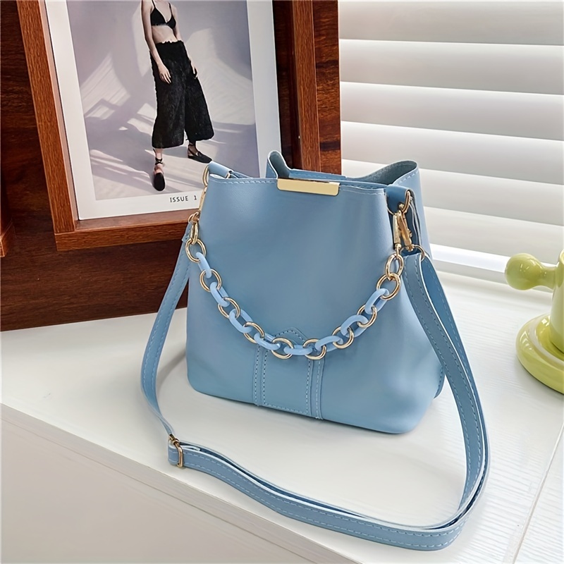 Small Bucket Thick Chain Crossbody Bag, Pu Leather Textured Bag