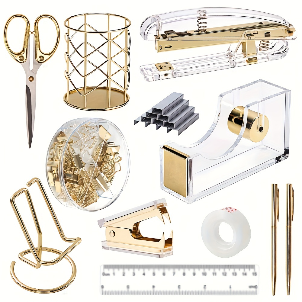  Rose Gold Desk Accessories, Cute Office Supplies Set Included  Acrylic Stapler and Tape Dispenser, Pen Holder, Pen, Phone Holder,  Scissors, Binder Clips, Ruler, Transparent Glue : Office Products