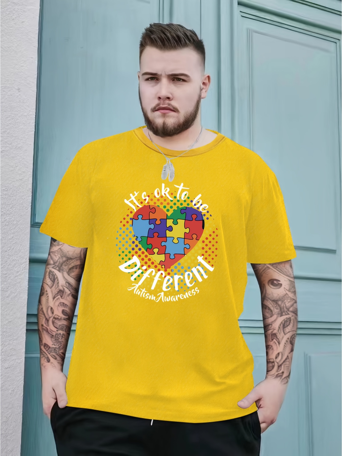 Plus Size Puzzle Heart Print Men's Trendy Comfy T shirt - Temu Denmark