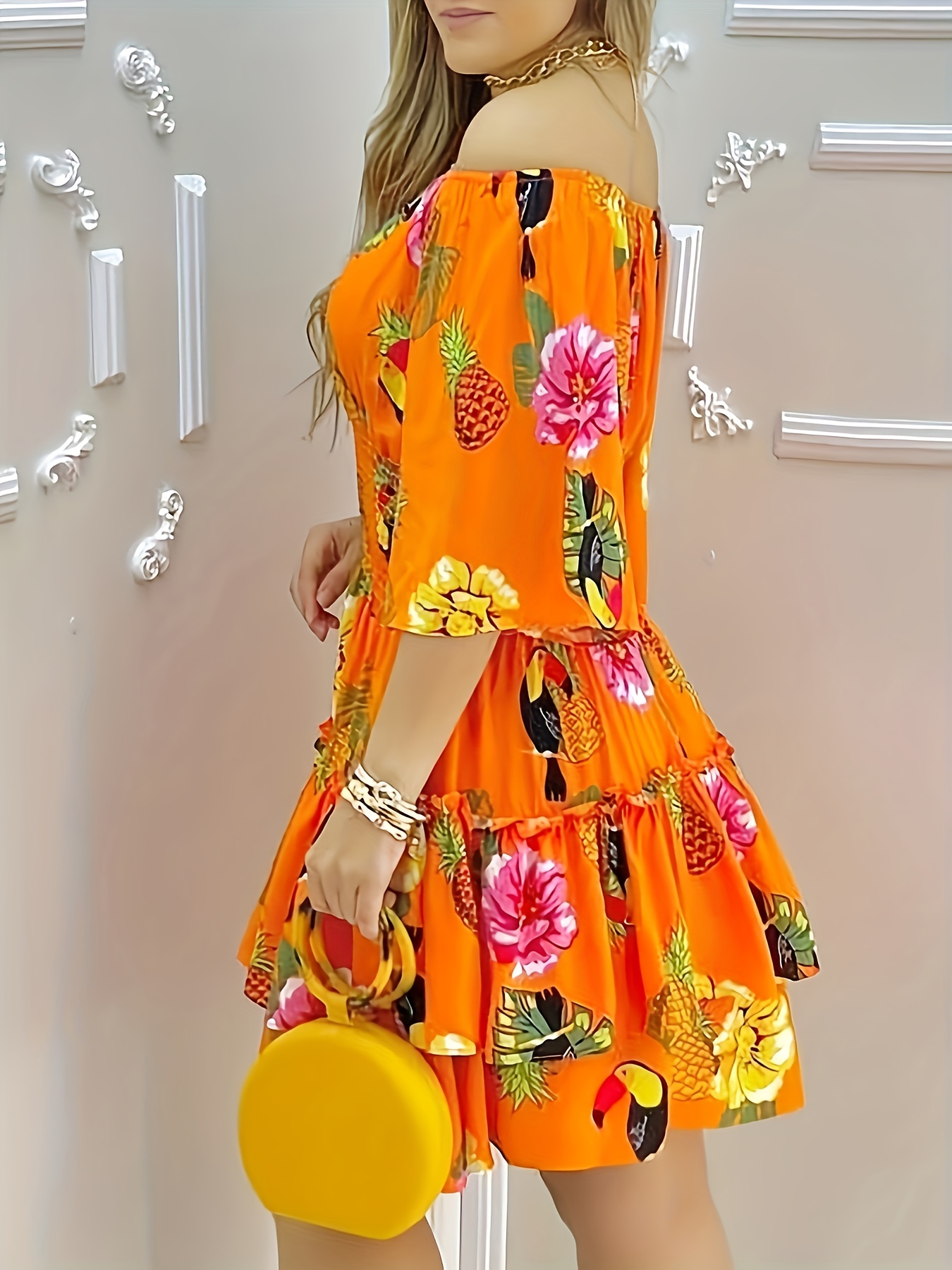Floral Print Off Shoulder Dress Vacation Layered Dress