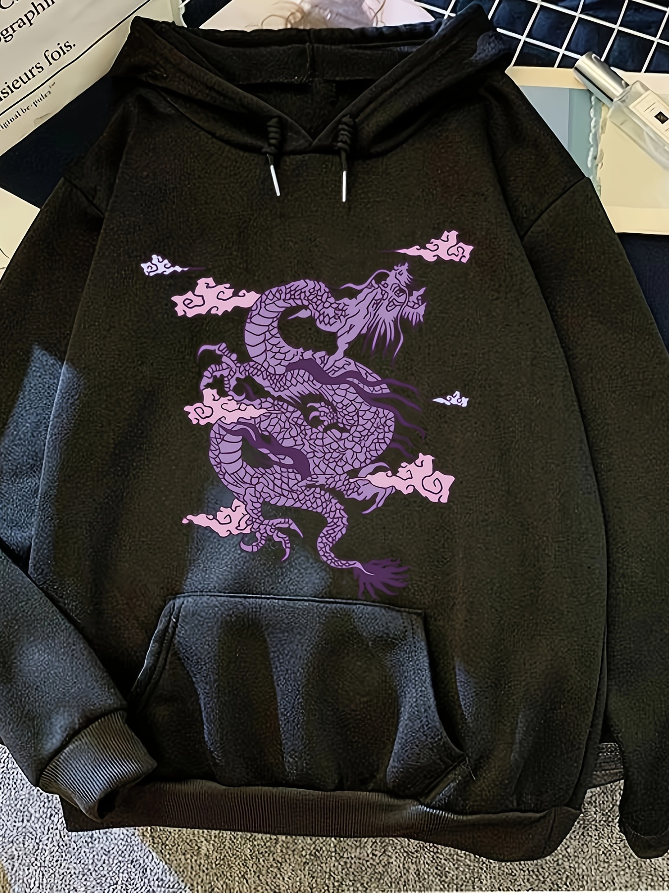 Dragon Print Two tone Hoodie Casual Long Sleeve Drawstring - Temu