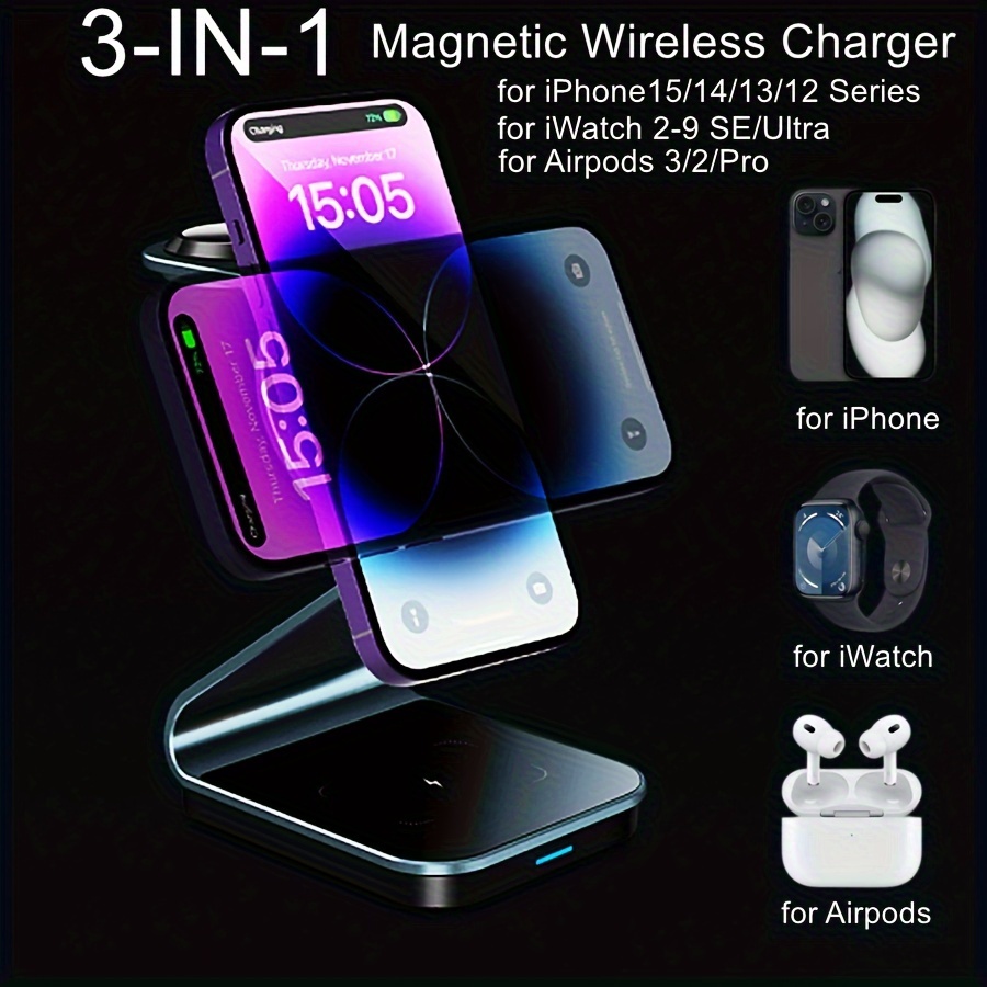 Soporte de cargador inalámbrico 3 en 1 para Magsafe: estación de carga para  iPhone 15/14/13/12 Series - Almohadilla magnética para Apple Watch Ultra